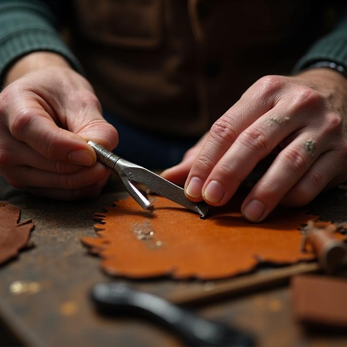 Artisan travaillant le cuir avec des outils traditionnels