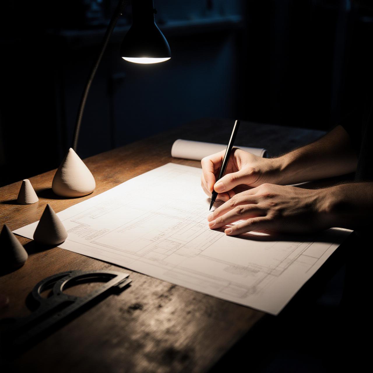 Artisan working on a technical blueprint in a workshop