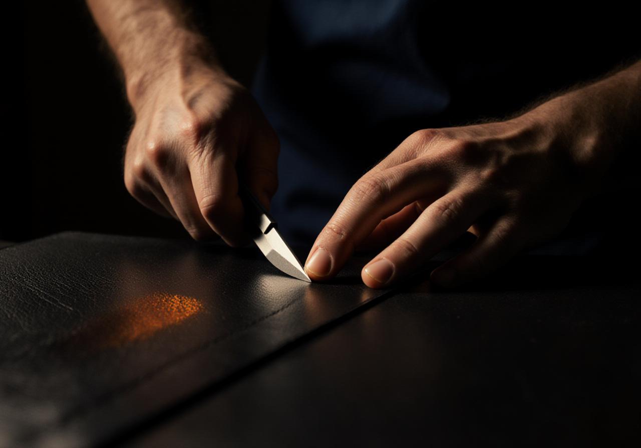 Artisan travaillant le cuir avec précision dans un atelier parisien